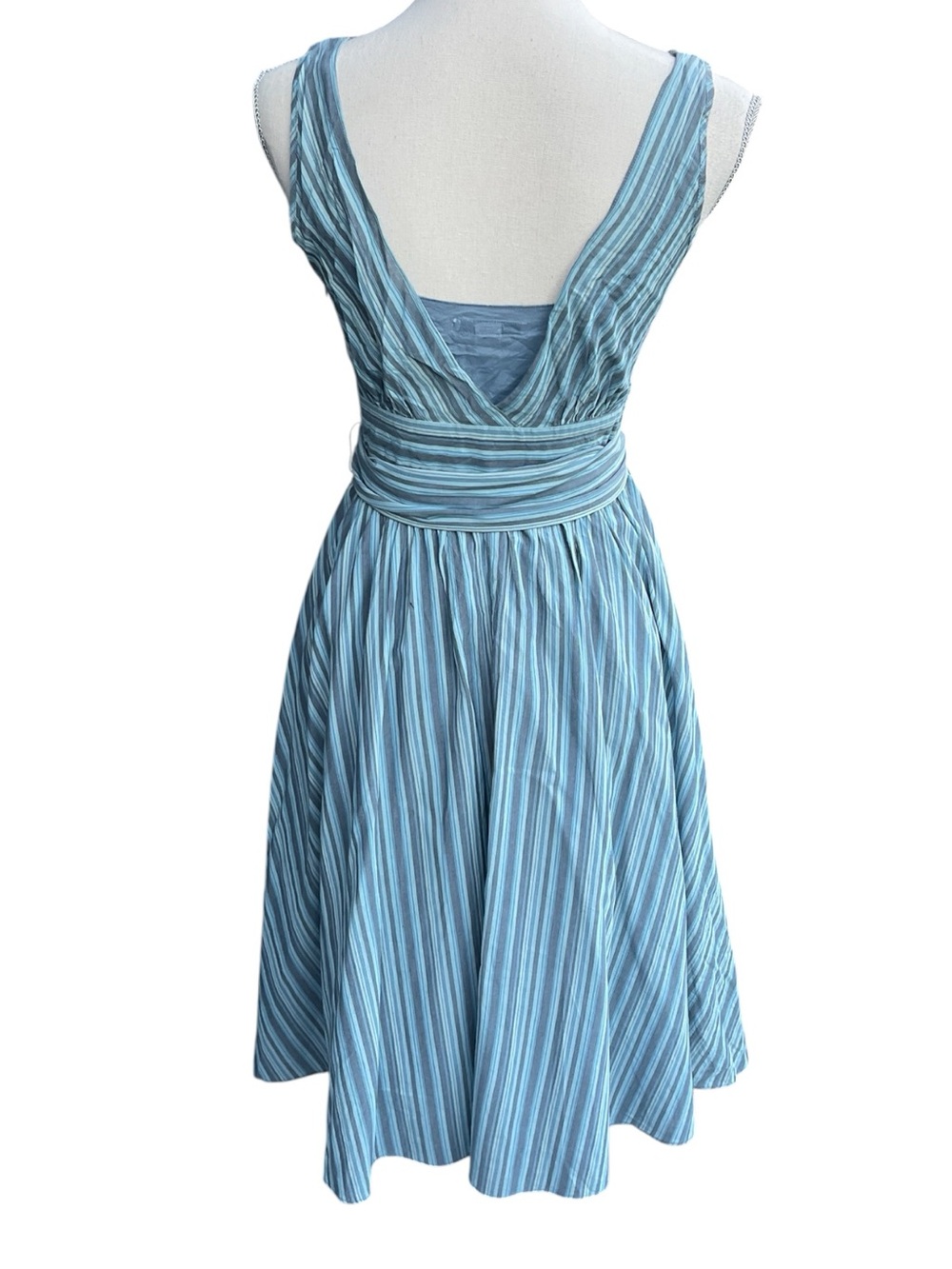 Banana Republic Aqua/Blue Stripe Cotton V-Neck Tie Waist A-Line Midi Dress (4) - Picture 8 of 16
